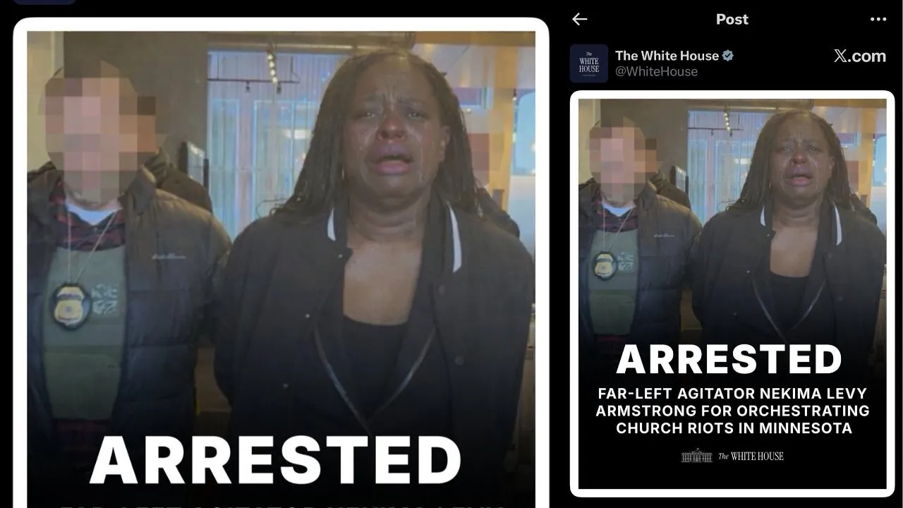 Nekima Levy Armstrong aparece arrestada, pero sollozando,,en una imagfen alterada por la Casa Blanca, según la agencia de noticias AFP.